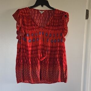 Lucky Brand Vibrant Red Blouse with Blue Accents